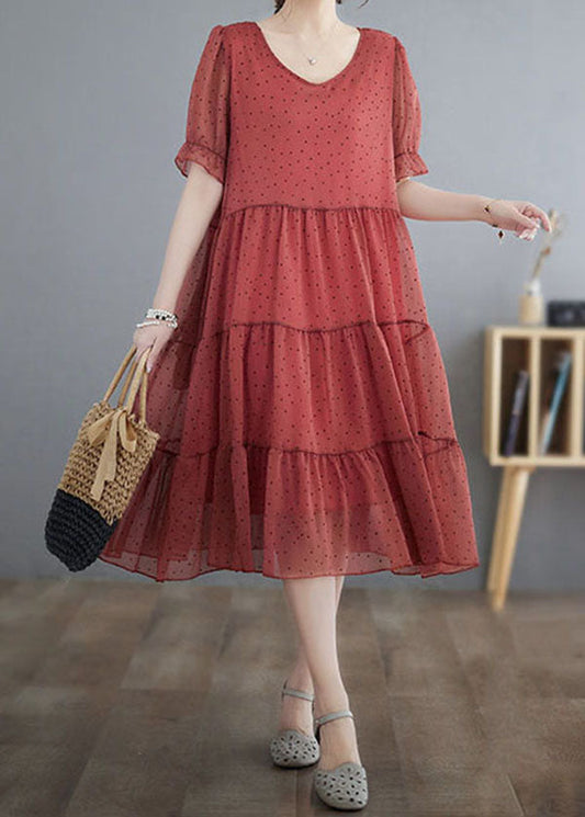 Elegant Red V Neck Dot Print Patchwork Chiffon Dresses Summer LY3956 - fabuloryshop