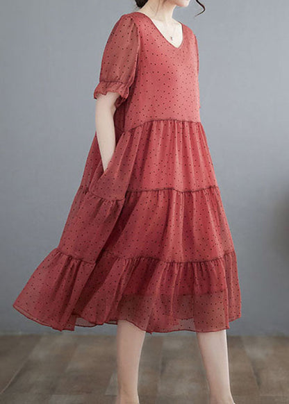 Elegant Red V Neck Dot Print Patchwork Chiffon Dresses Summer LY3956 - fabuloryshop