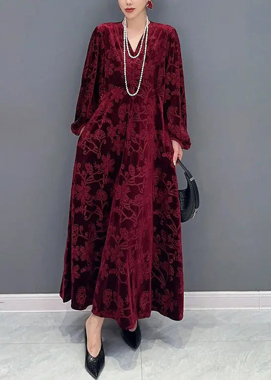 Elegant Red V Neck Jacquard Patchwork Velour Dresses Fall Ada Fashion