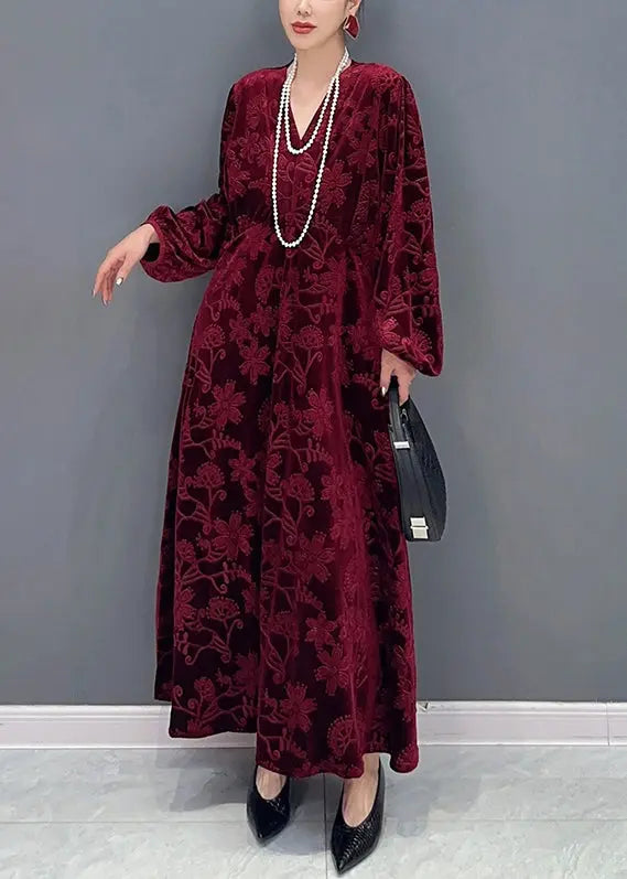 Elegant Red V Neck Jacquard Patchwork Velour Dresses Fall Ada Fashion