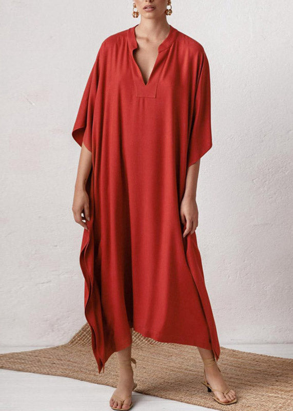 Elegant Red V Neck Side Open Solid Party Long Dress Summer LY3035 - fabuloryshop