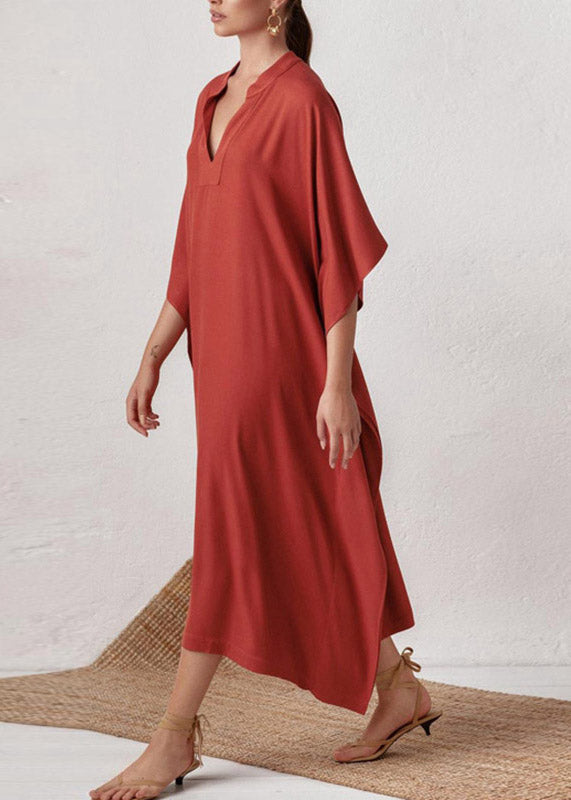 Elegant Red V Neck Side Open Solid Party Long Dress Summer LY3035 - fabuloryshop