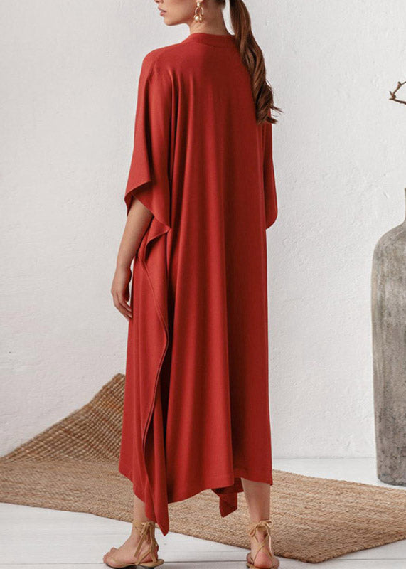 Elegant Red V Neck Side Open Solid Party Long Dress Summer LY3035 - fabuloryshop