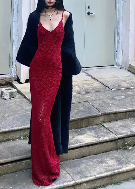Elegant Red V Neck Solid Knit Maxi Dress Summer LY2704 - fabuloryshop
