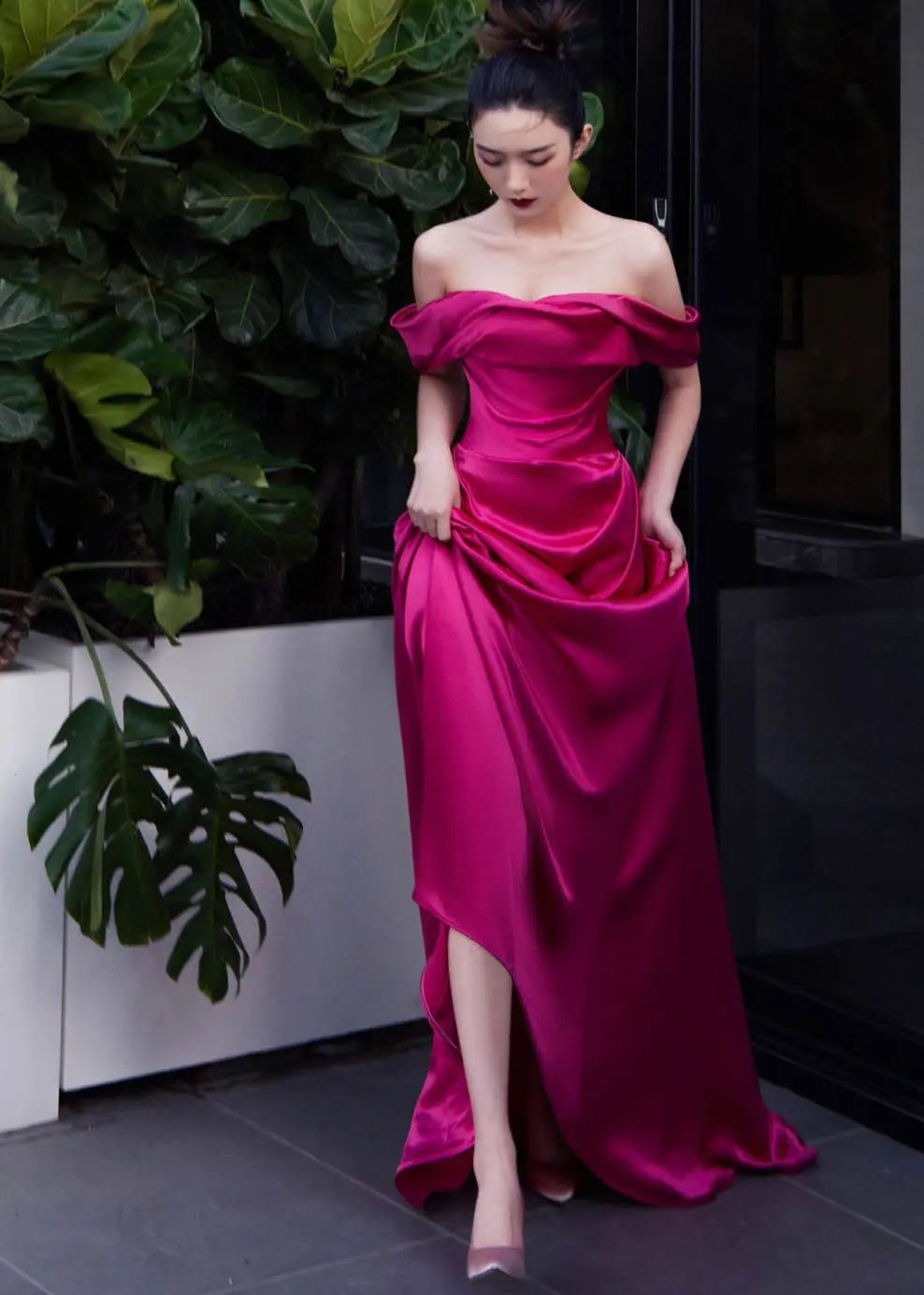 Elegant Rose Bustier Top Side Open Silk Maxi Dresses Short Sleeve Ada Fashion