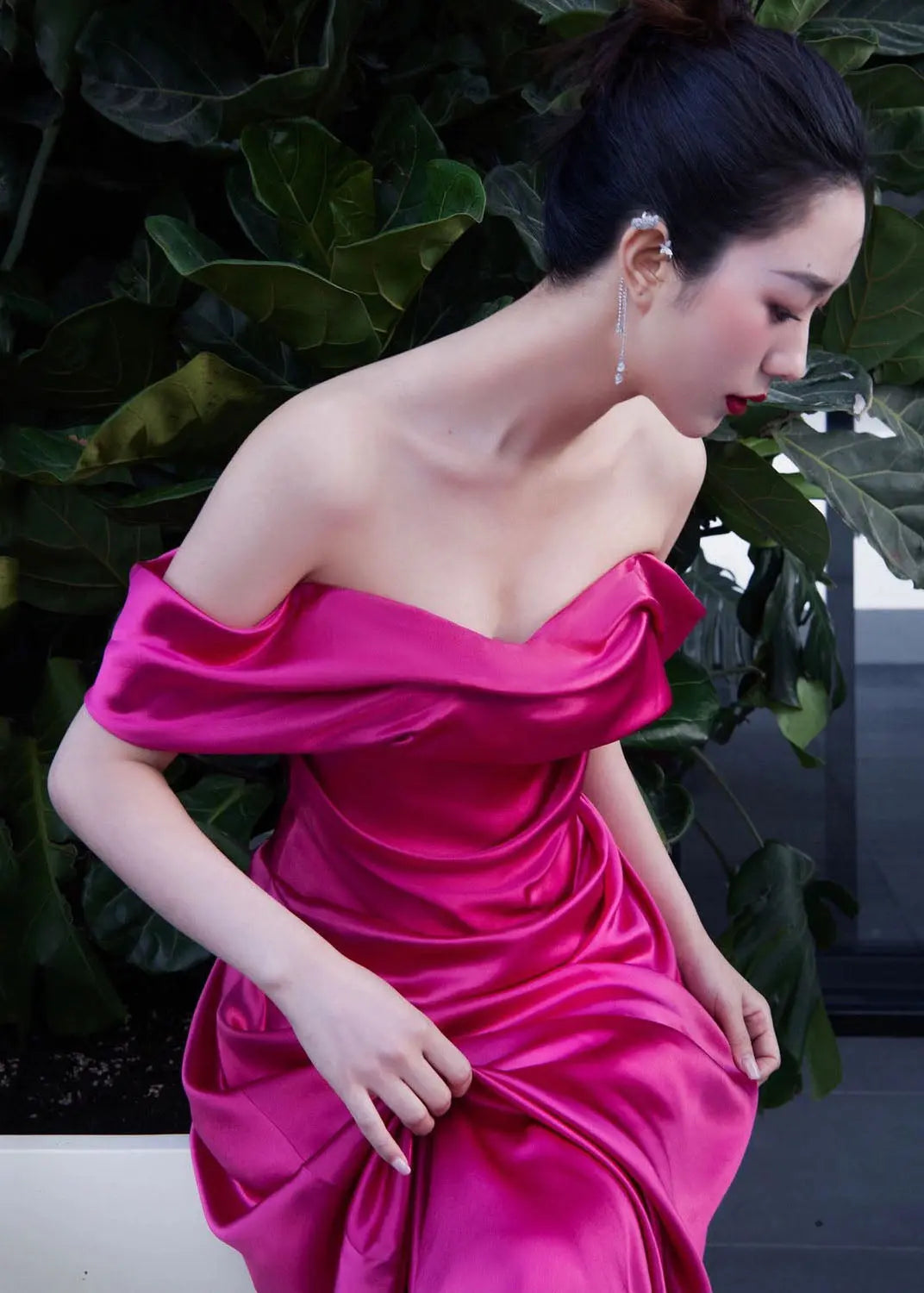 Elegant Rose Bustier Top Side Open Silk Maxi Dresses Short Sleeve Ada Fashion