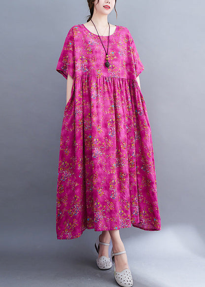 Elegant Rose Print Patchwork Cotton Cozy Long Dress Short Sleeve Ada Fashion