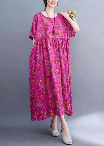 Elegant Rose Print Patchwork Cotton Cozy Long Dress Short Sleeve Ada Fashion