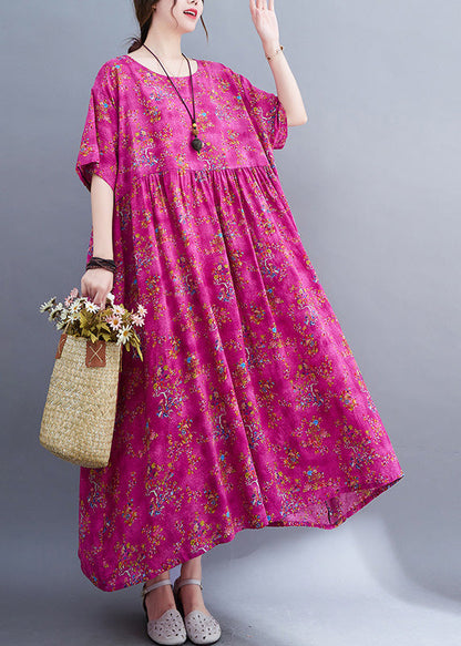 Elegant Rose Print Patchwork Cotton Cozy Long Dress Short Sleeve Ada Fashion