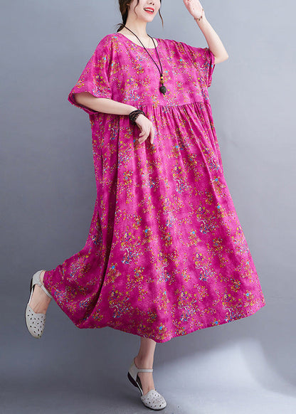 Elegant Rose Print Patchwork Cotton Cozy Long Dress Short Sleeve Ada Fashion