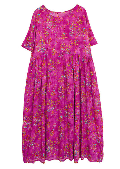 Elegant Rose Print Patchwork Cotton Cozy Long Dress Short Sleeve Ada Fashion