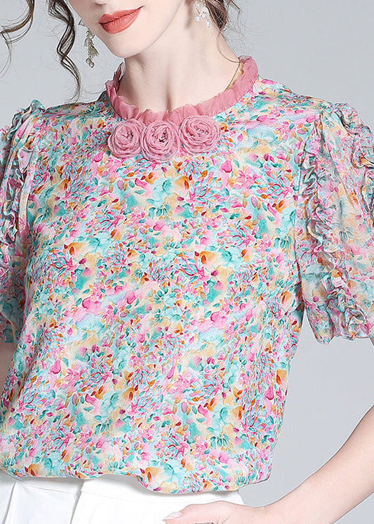 Elegant Ruffled Print Floral Button Silk Top Short Sleeve LY0092 - fabuloryshop