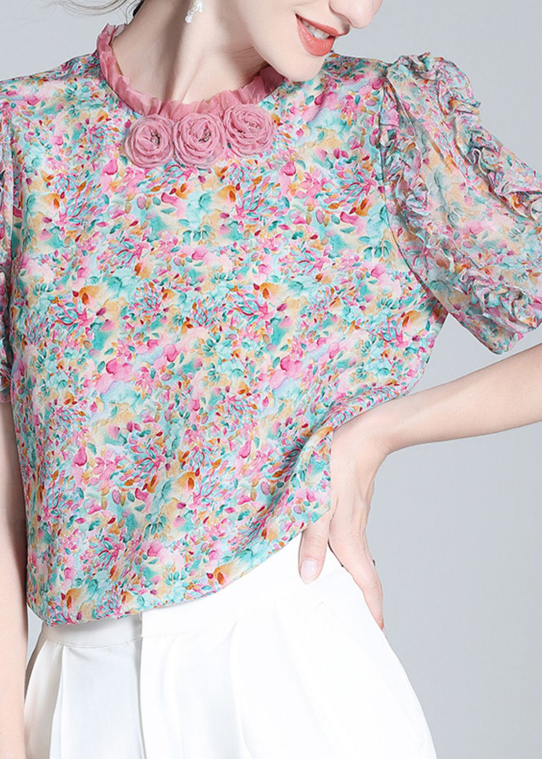 Elegant Ruffled Print Floral Button Silk Top Short Sleeve LY0092 - fabuloryshop