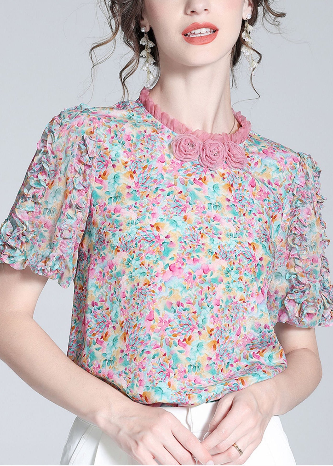 Elegant Ruffled Print Floral Button Silk Top Short Sleeve LY0092 - fabuloryshop