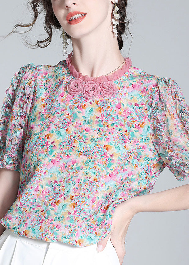 Elegant Ruffled Print Floral Button Silk Top Short Sleeve LY0092 - fabuloryshop