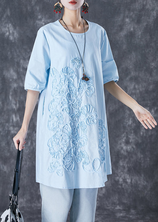 Elegant Sky Blue Embroideried Linen Mid Dress Summer TD1009 - fabuloryshop