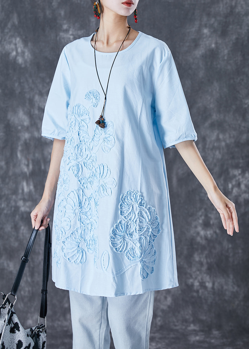 Elegant Sky Blue Embroideried Linen Mid Dress Summer TD1009 - fabuloryshop