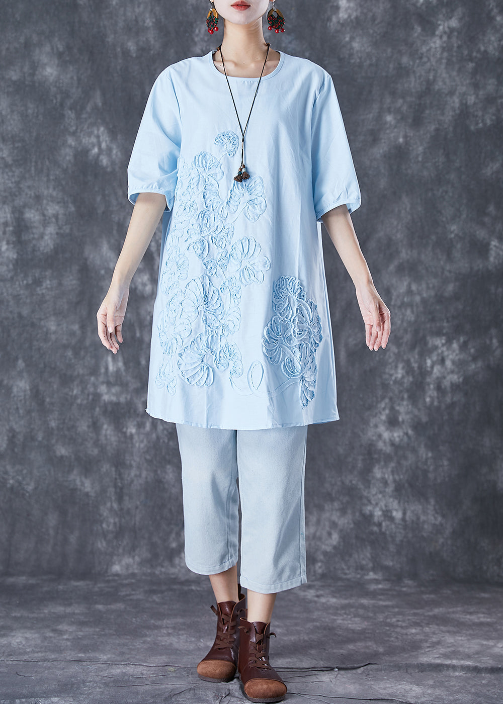 Elegant Sky Blue Embroideried Linen Mid Dress Summer TD1009 - fabuloryshop