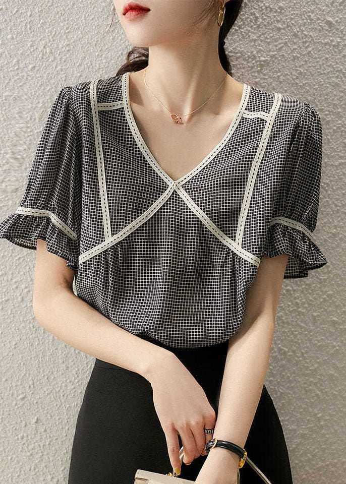 Elegant Small Plaid Ruffled Patchwork Silk Tops Summer LY0072 - fabuloryshop