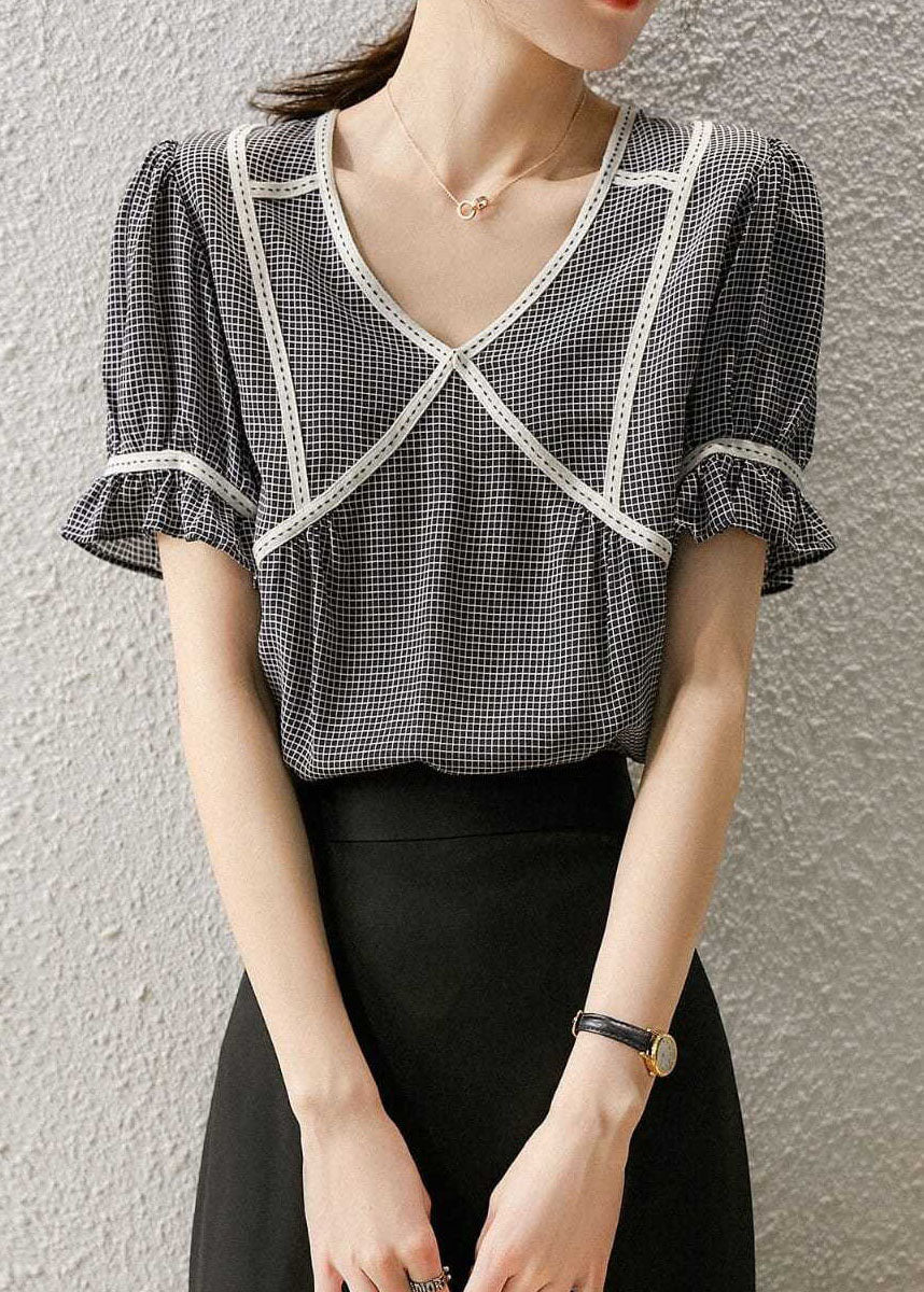 Elegant Small Plaid Ruffled Patchwork Silk Tops Summer LY0072 - fabuloryshop