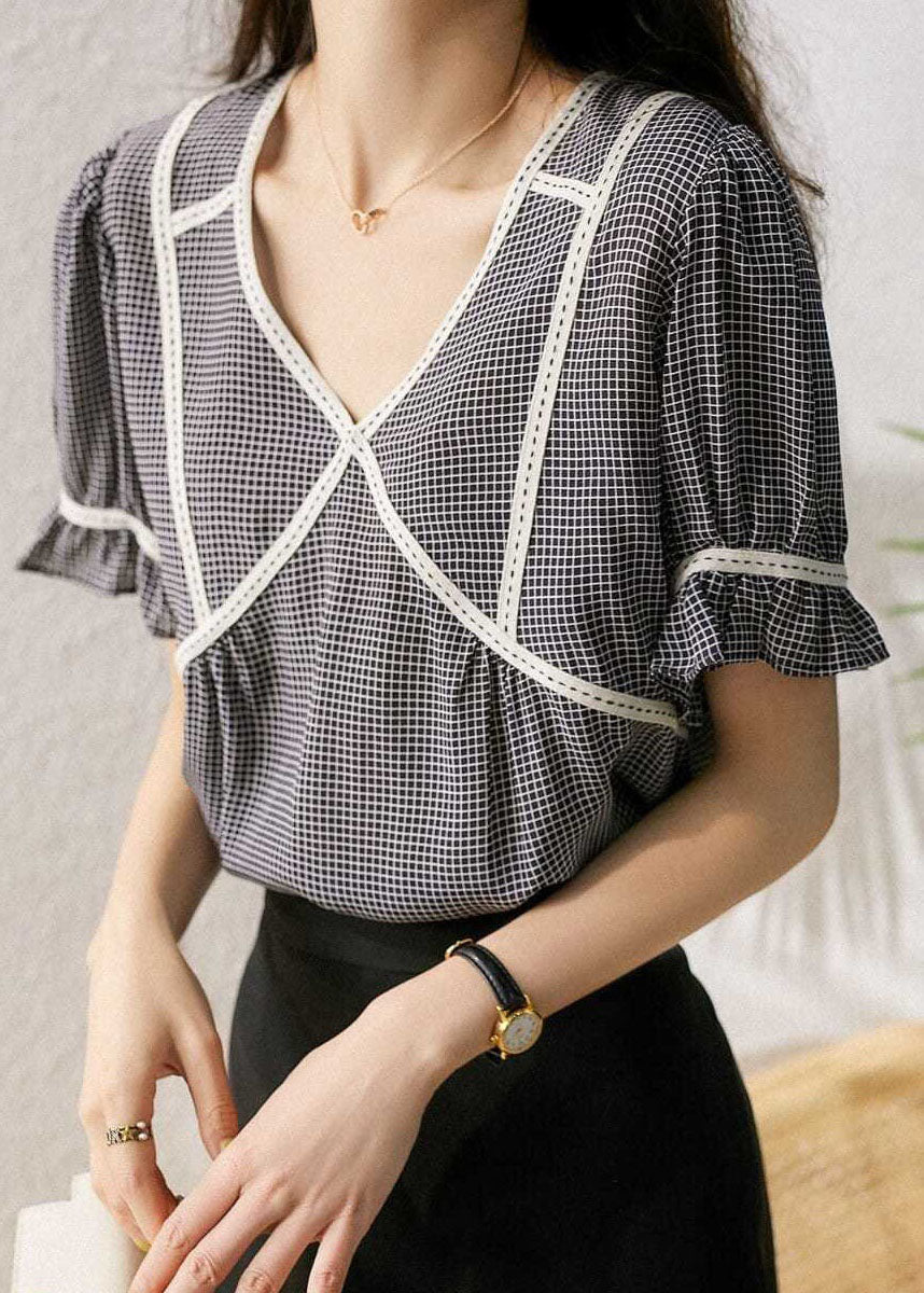 Elegant Small Plaid Ruffled Patchwork Silk Tops Summer LY0072 - fabuloryshop