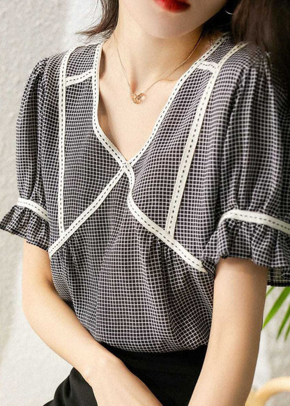 Elegant Small Plaid Ruffled Patchwork Silk Tops Summer LY0072 - fabuloryshop