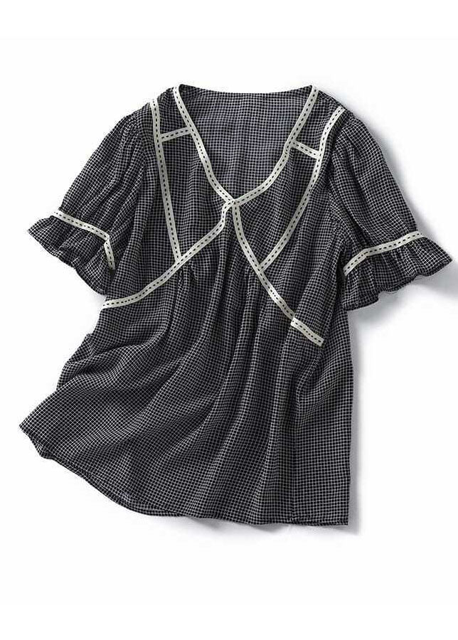 Elegant Small Plaid Ruffled Patchwork Silk Tops Summer LY0072 - fabuloryshop