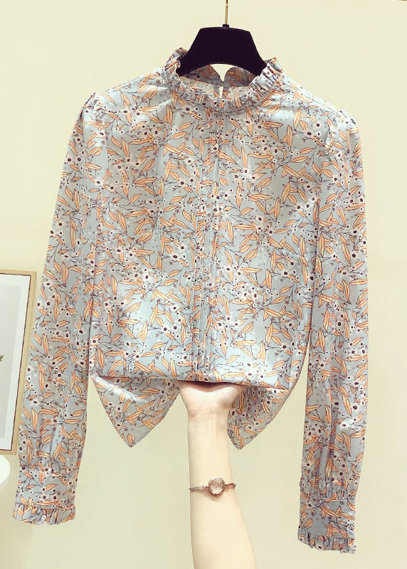 Elegant Stand Collarc Ruffled Print Chiffon Shirts Spring LY0364