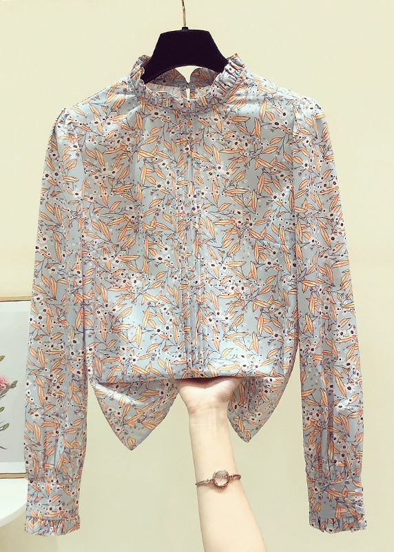 Elegant Stand Collarc Ruffled Print Chiffon Shirts Spring LY0364
