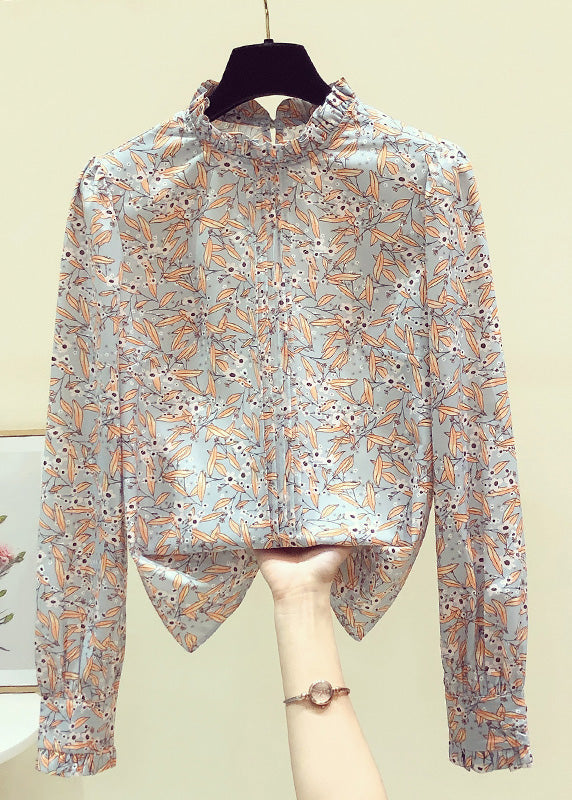 Elegant Stand Collarc Ruffled Print Chiffon Shirts Spring LY0364 - fabuloryshop