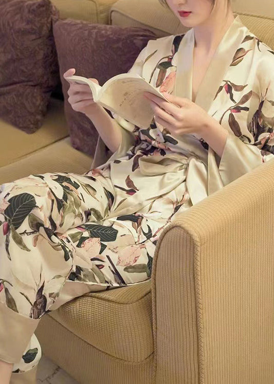 Elegant V Neck Print Tie Waist Ice Silk Pajamas Two Pieces Set Long Sleeve TO1008 - fabuloryshop