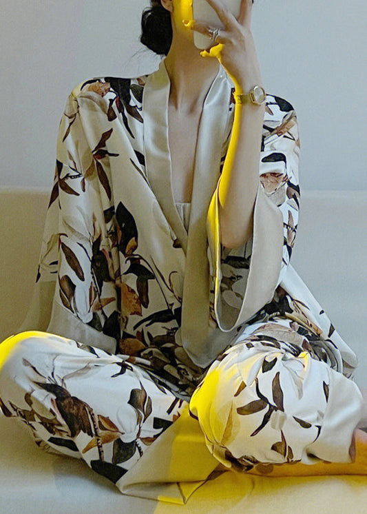 Elegant V Neck Print Tie Waist Satin Pajamas Two Piece Set Spring LY1915 - fabuloryshop