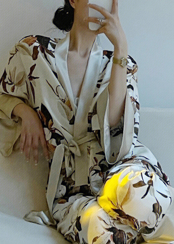 Elegant V Neck Print Tie Waist Satin Pajamas Two Piece Set Spring TO1048 - fabuloryshop