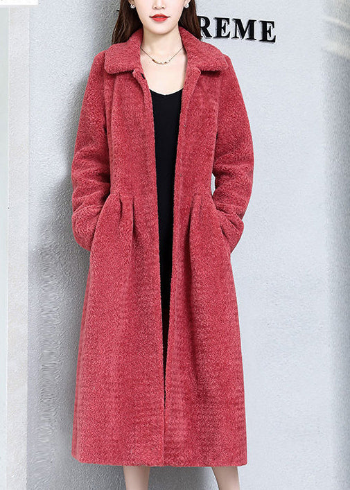 Elegant Watermelon Red Peter Pan Collar Thick Cashmere Trench Winter Ada Fashion