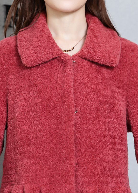 Elegant Watermelon Red Peter Pan Collar Thick Cashmere Trench Winter Ada Fashion