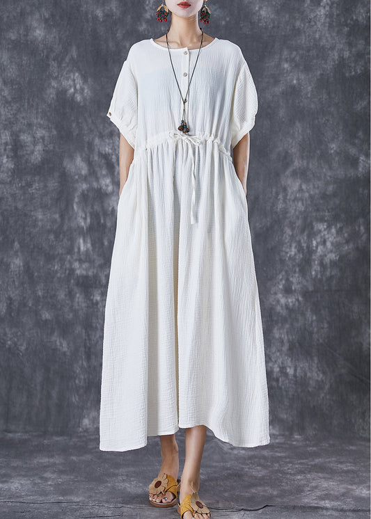 Elegant White Cinched Pockets Cotton Holiday Dress Summer TD1036 - fabuloryshop