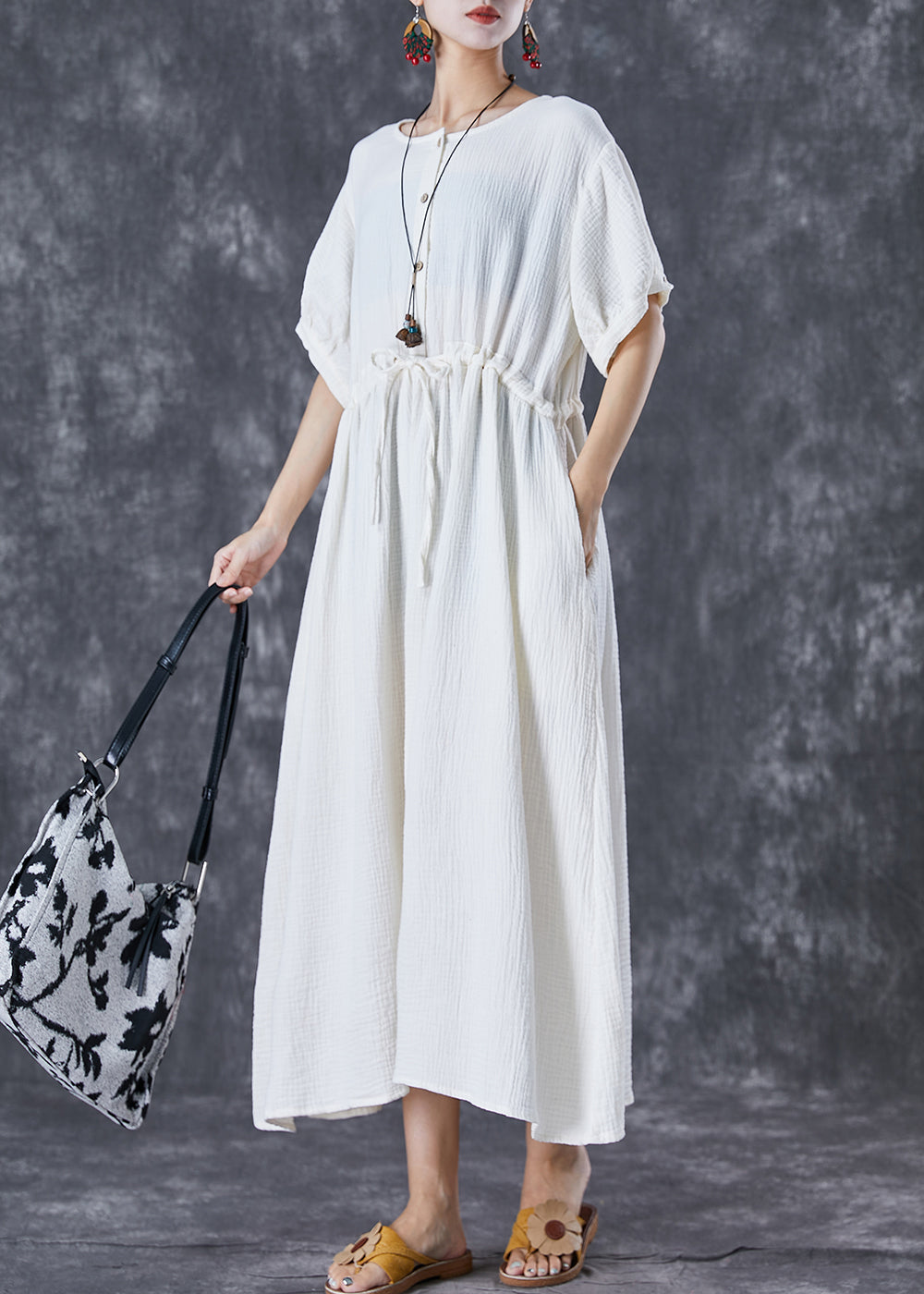 Elegant White Cinched Pockets Cotton Holiday Dress Summer TD1036 - fabuloryshop