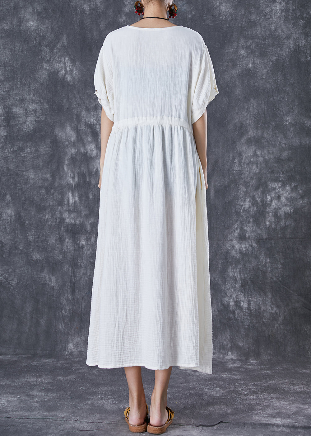 Elegant White Cinched Pockets Cotton Holiday Dress Summer TD1036 - fabuloryshop