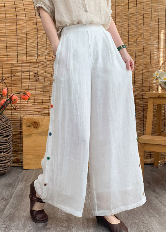 Elegant White Elastic Waist Linen Wide Leg Pants Summer LY4457 - fabuloryshop