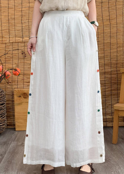 Elegant White Elastic Waist Linen Wide Leg Pants Summer LY4457 - fabuloryshop