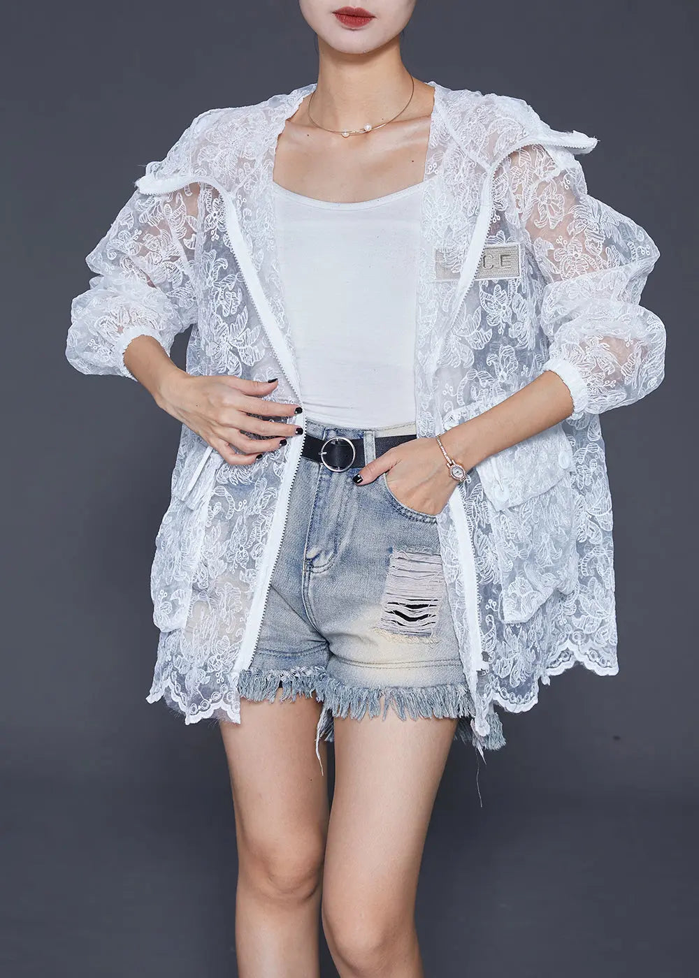 Elegant White Embroideried Drawstring Pockets Cotton Coat Outwear Fall Ada Fashion