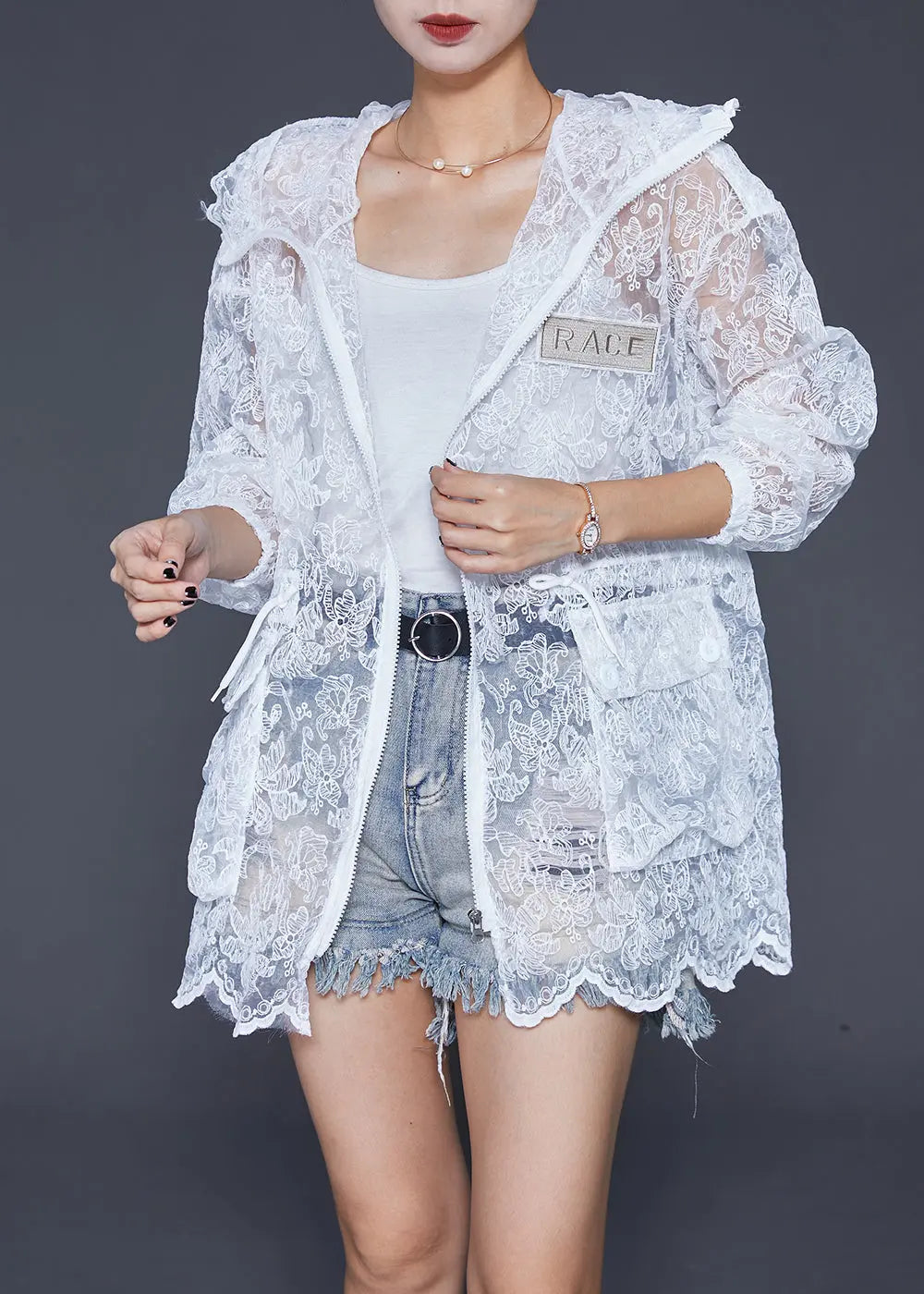 Elegant White Embroideried Drawstring Pockets Cotton Coat Outwear Fall Ada Fashion