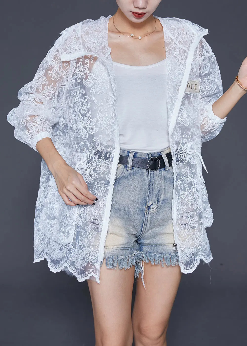 Elegant White Embroideried Drawstring Pockets Cotton Coat Outwear Fall Ada Fashion