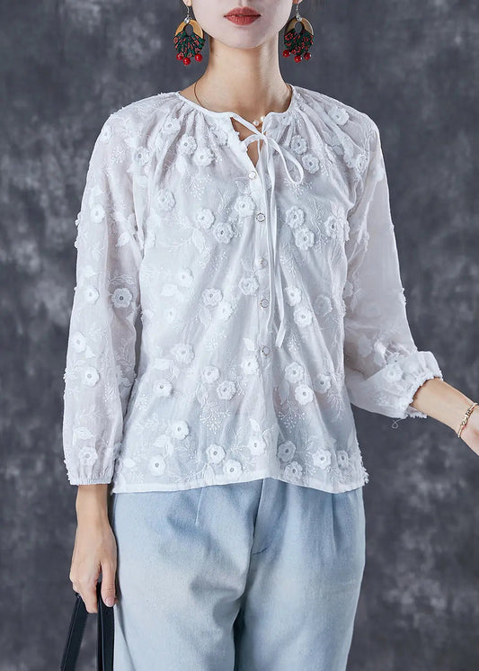 Elegant White Embroideried Floral Lace Up Cotton Tops Fall Ada Fashion