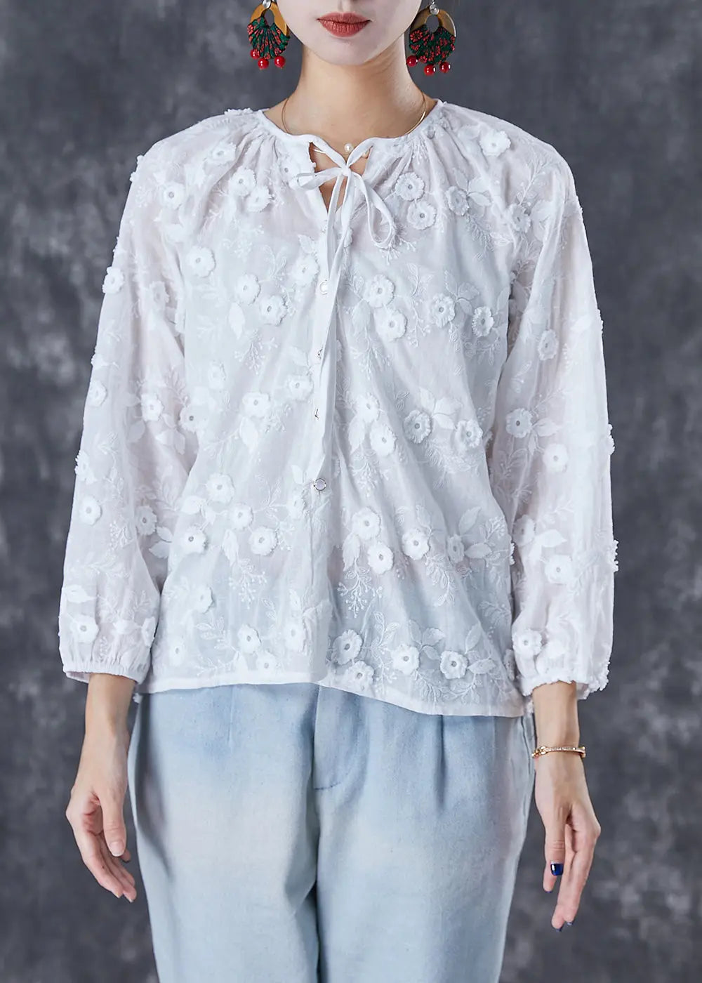 Elegant White Embroideried Floral Lace Up Cotton Tops Fall Ada Fashion