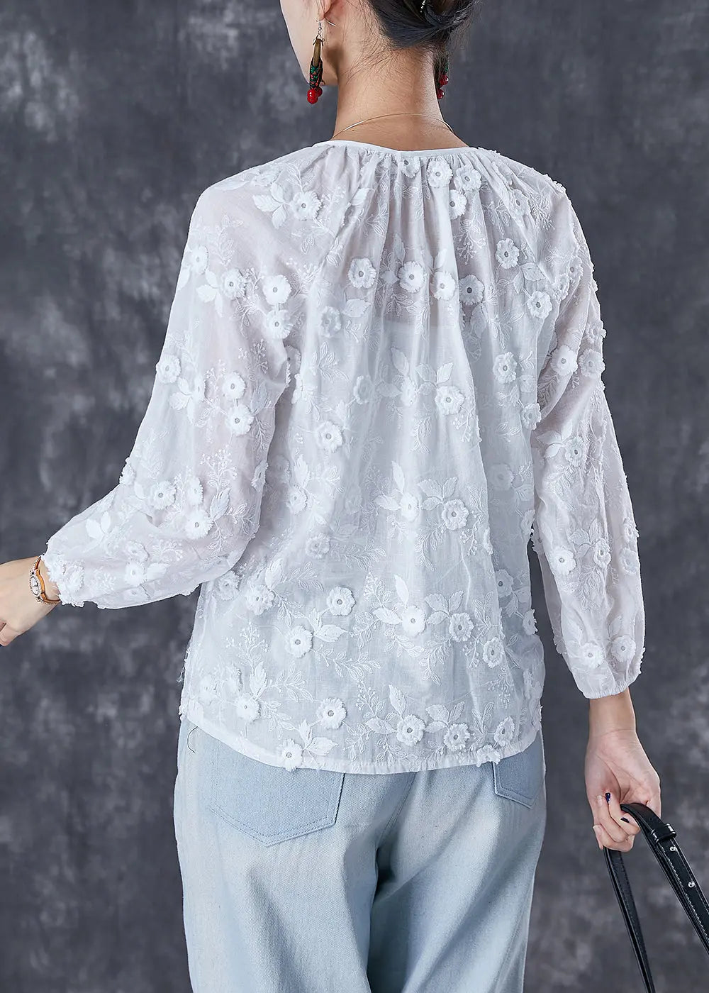 Elegant White Embroideried Floral Lace Up Cotton Tops Fall Ada Fashion