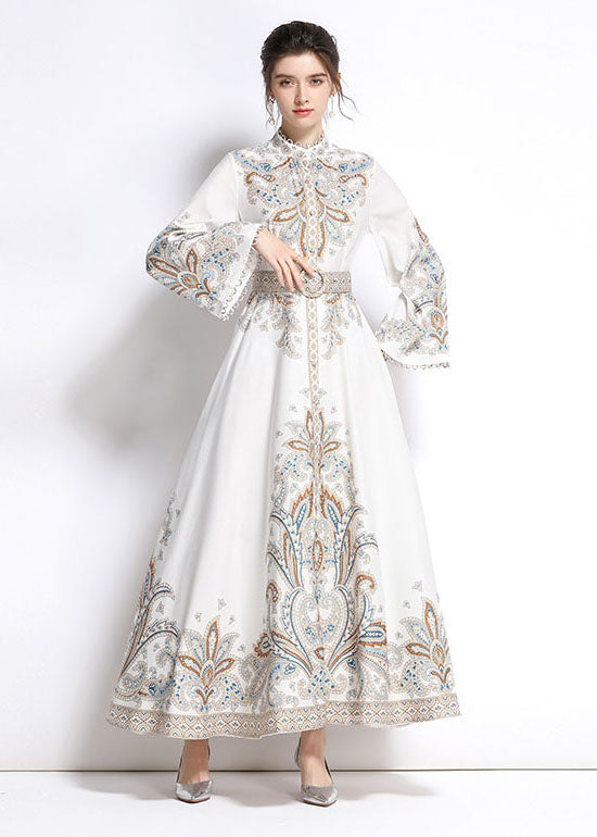 Elegant White Embroideried Patchwork Cotton Exra Large Hem Long Dresses Flare Sleeve LY7399 - fabuloryshop