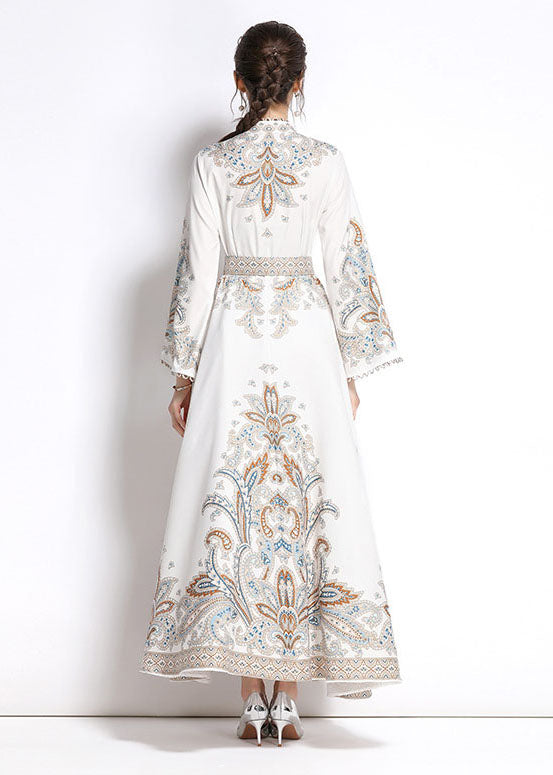 Elegant White Embroideried Patchwork Cotton Exra Large Hem Long Dresses Flare Sleeve LY7399 - fabuloryshop