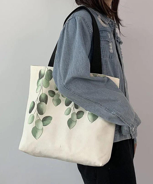 Elegant White Greenery Print Canvas Satchel Handbag LY1765