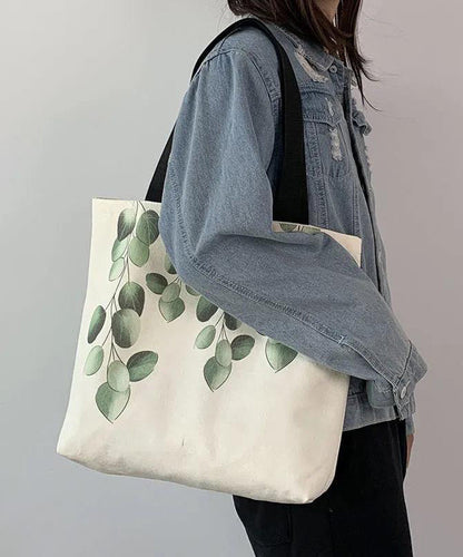 Elegant White Greenery Print Canvas Satchel Handbag LY1765 - fabuloryshop